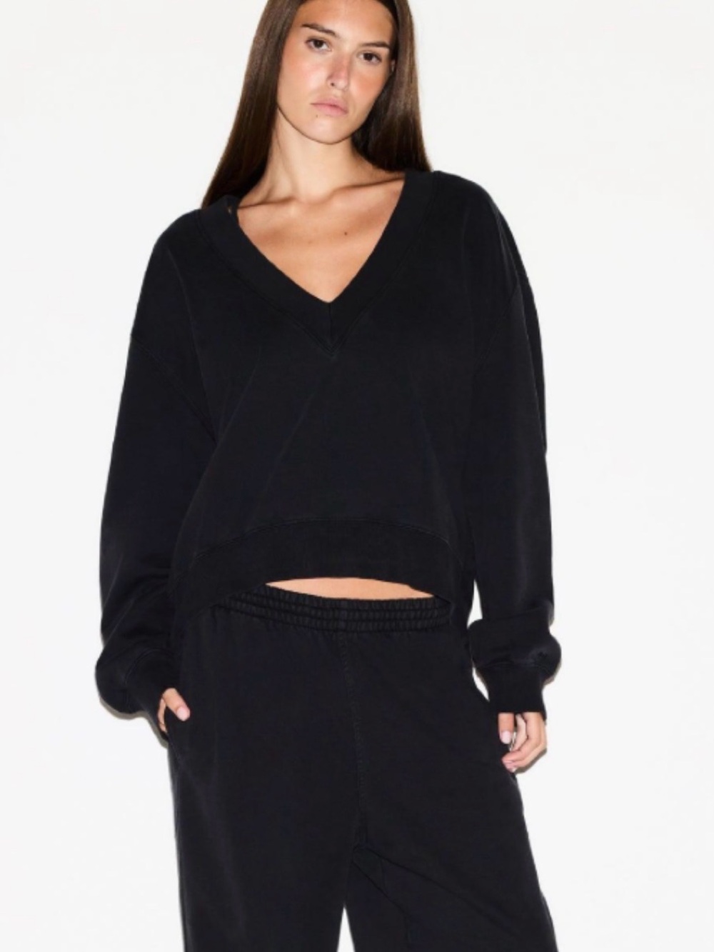 SKIMS Boyfriend Fleece V Neck Pullover in Onyx 2X